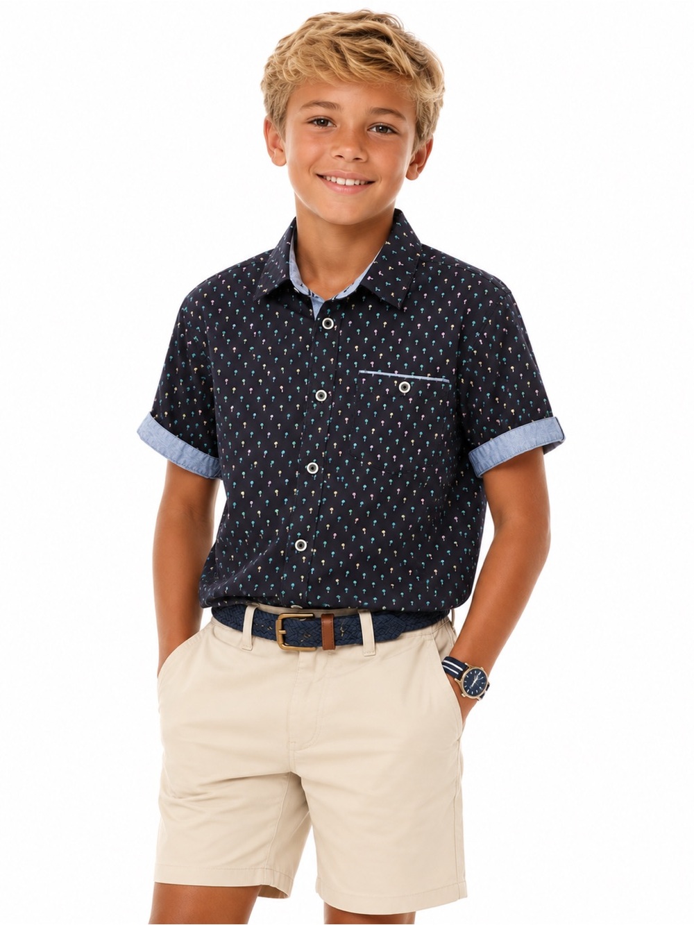 Navy Short-Sleeve Button-Down Shirt with Tiny Multicolor Motif- 00A